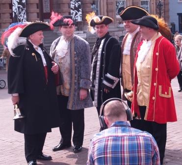 Town Criers being filmed in Ipswich working at the launch of the All About Ipswich App.